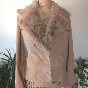 Vtg Y2K PENNY LANE Real Fur Trimmed Neutral Beige Tan Crop Jacket Size Large